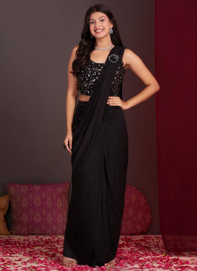 Silk Black Party Wear Embroidery Work Ready To Wear Saree